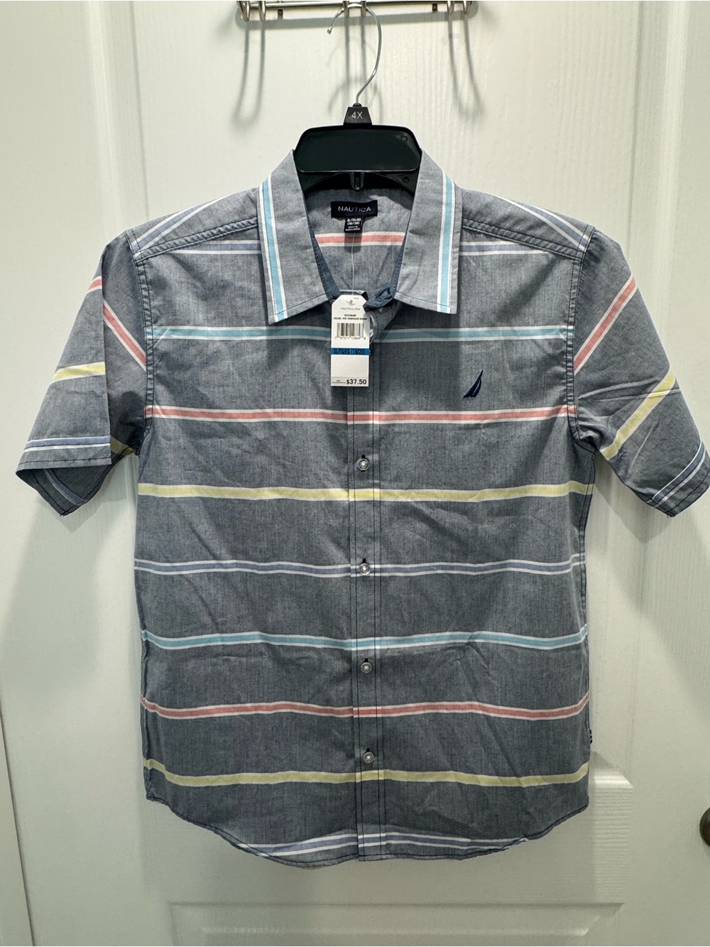 NWT Nautica Boys XL 18/20 Striped Short Sleeve Button Down Shirt Gray Blue
